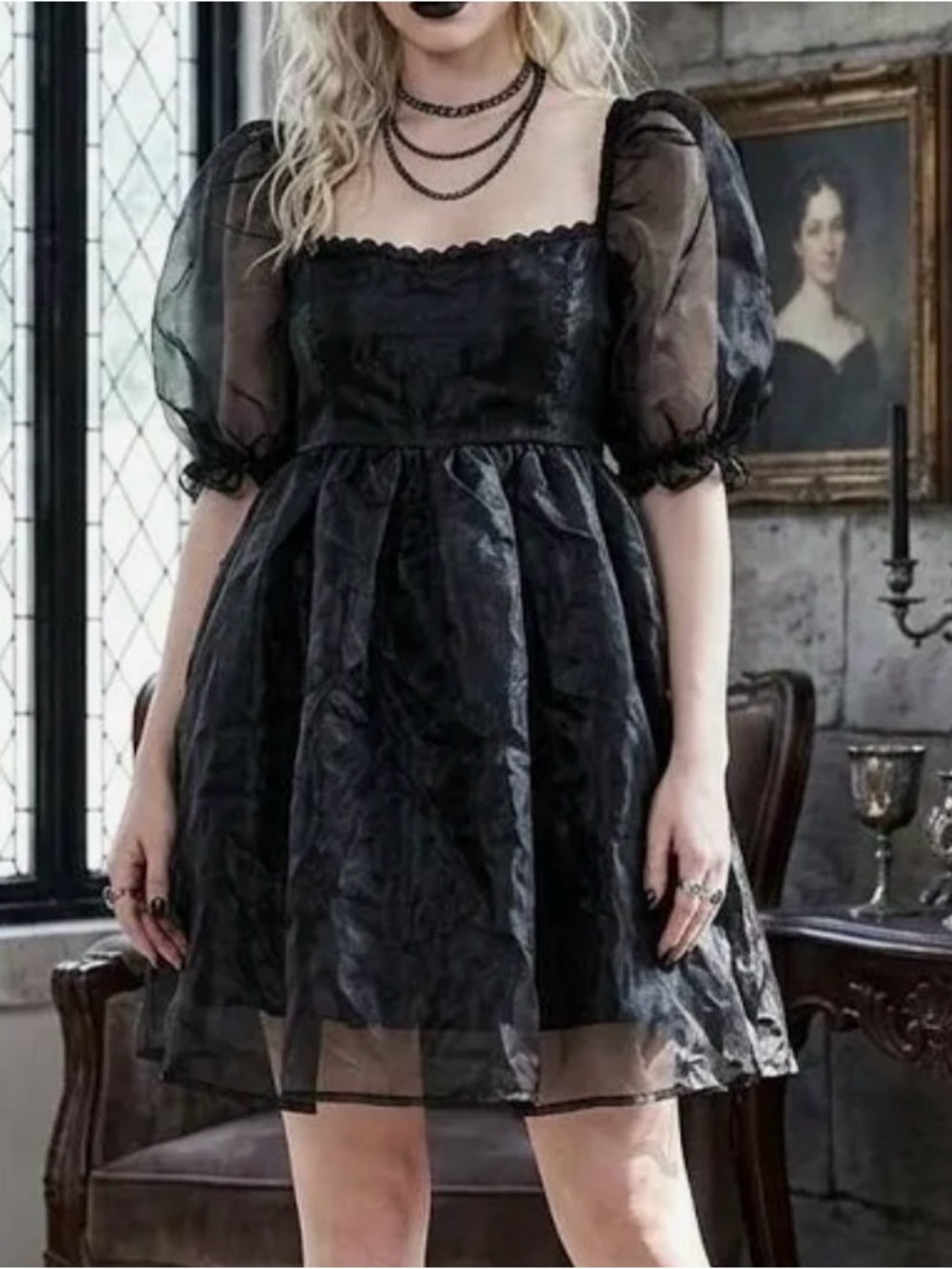 Audrey Parks Black Puff-Sleeve Square-Neck Mini Dress